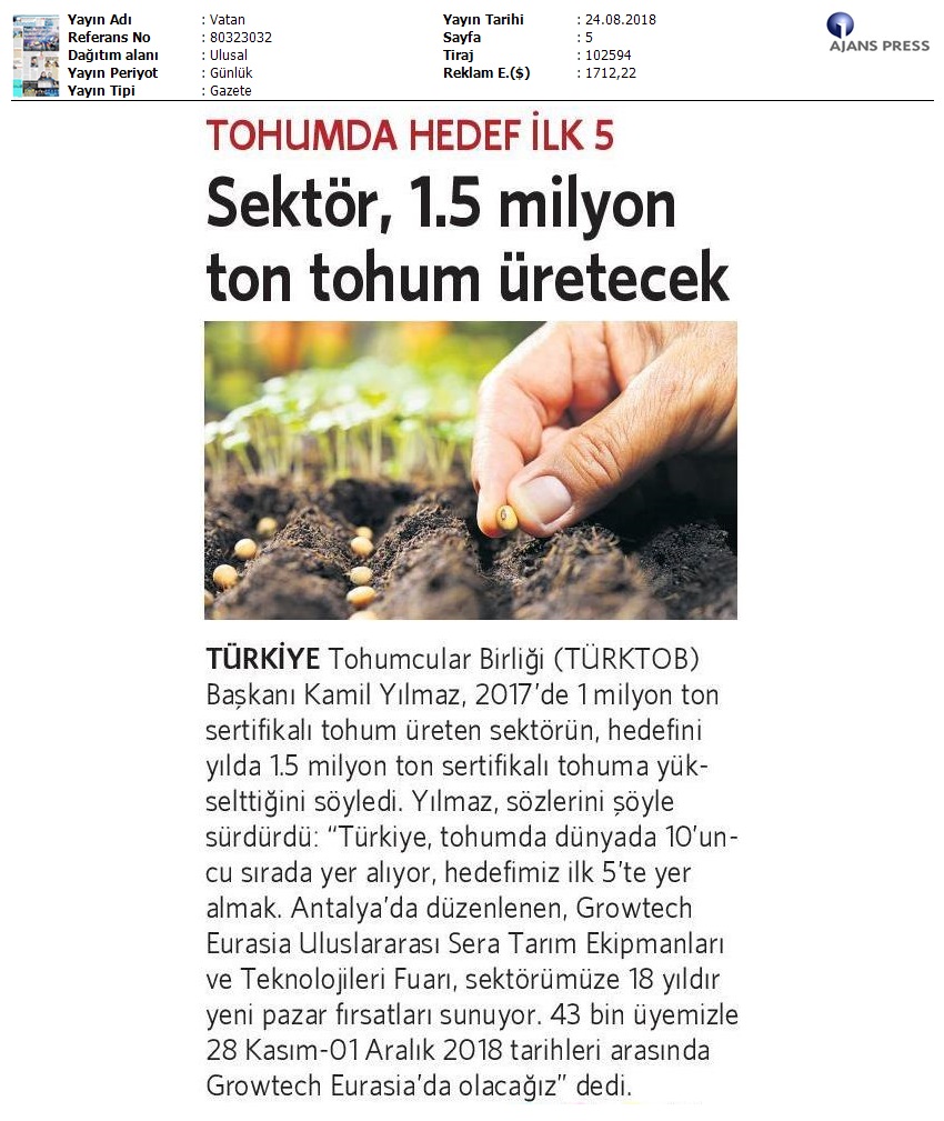 Vatan Sektör 1.5 Milyon Ton Tohum Üretecek 2018 08 24