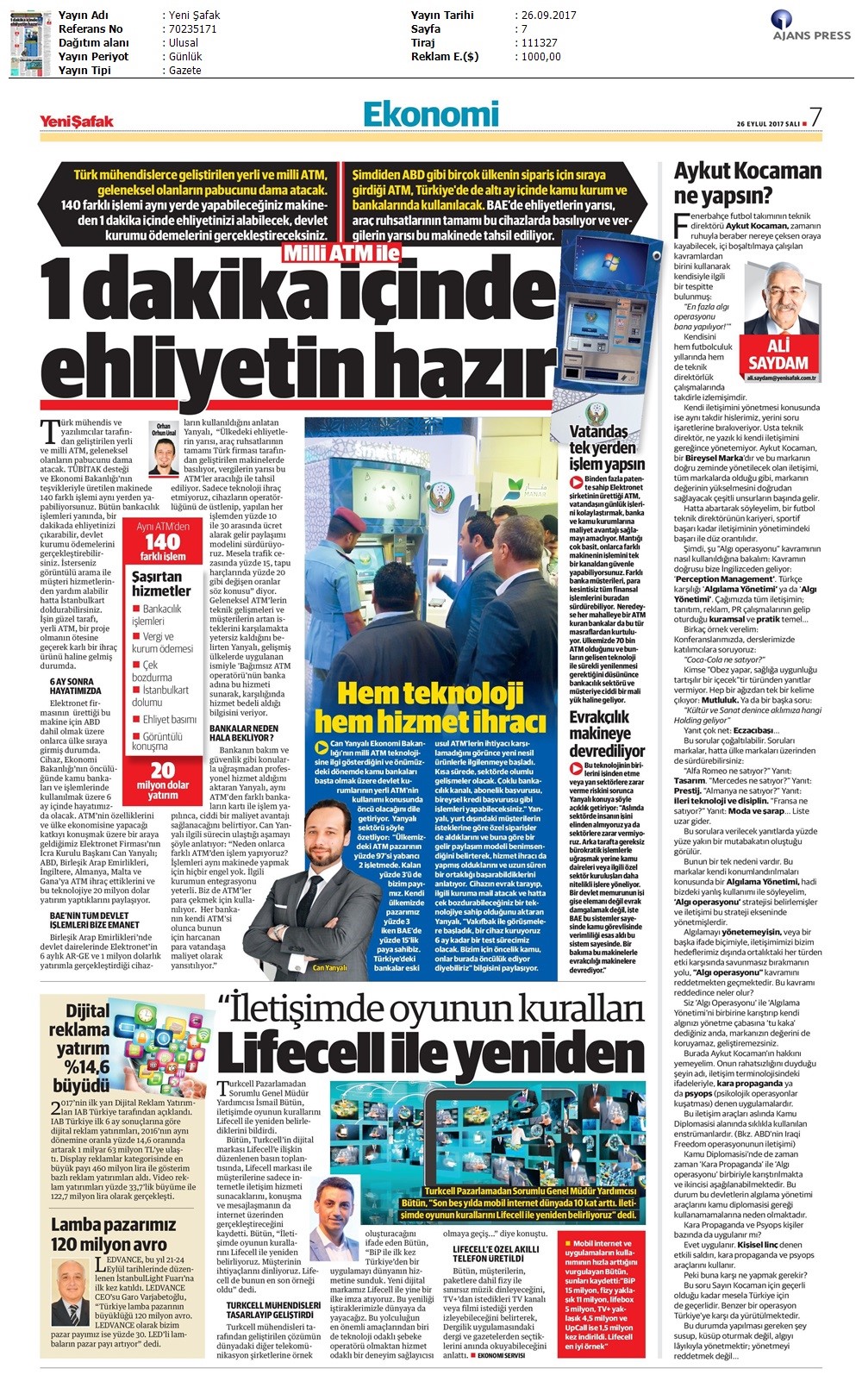Altınmatik Yeni Şafak Gazetesi 26.09.2017