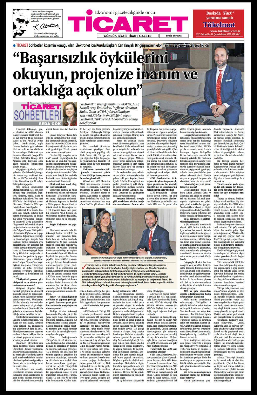 Elektronet İcra Kurulu Başaknı Can Yanyalı Ticaret gazetesi 08.09.2017