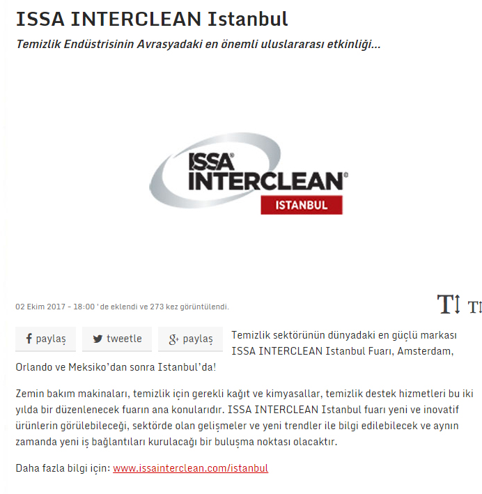 ISSA INTERCLEAN İstanbul Temizlik Endüstrisinin Avrasyadaki en önemli uluslararası etkinliği markaworld.com 02.10.2017