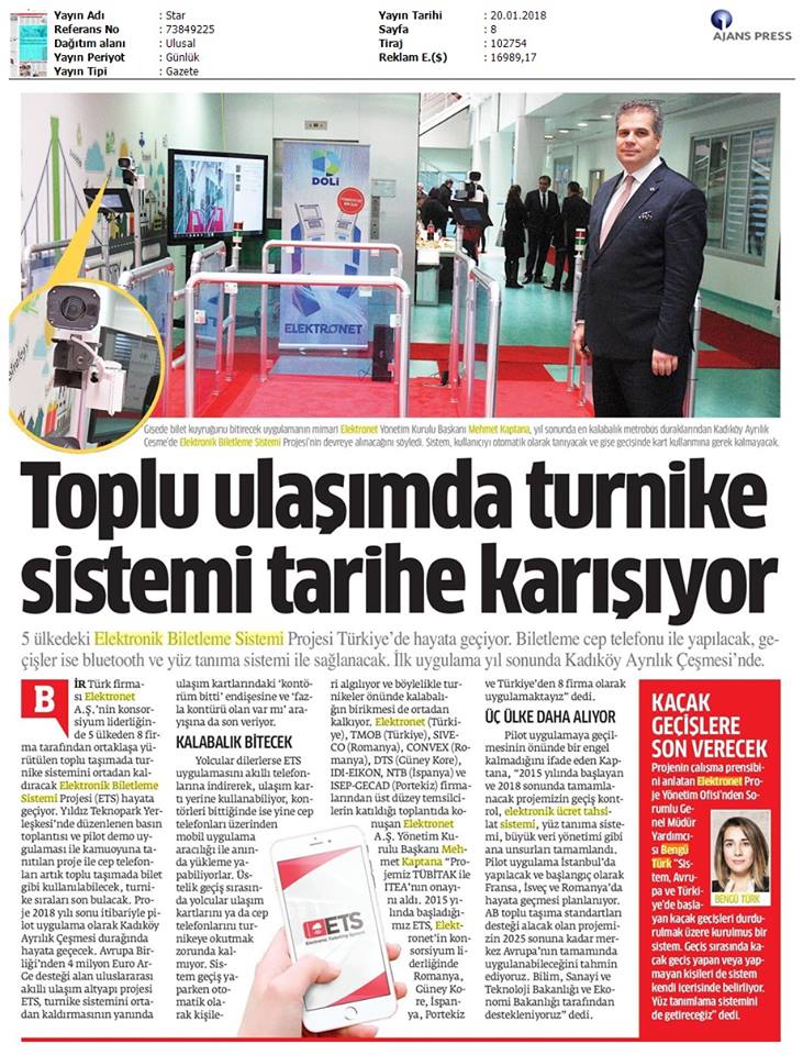 Toplu Ulaşımda Turnike Sistemi Tarihe Karışıyor Star Gazetesi, 20 Ocak 2017, Yaşar Kızılbağ