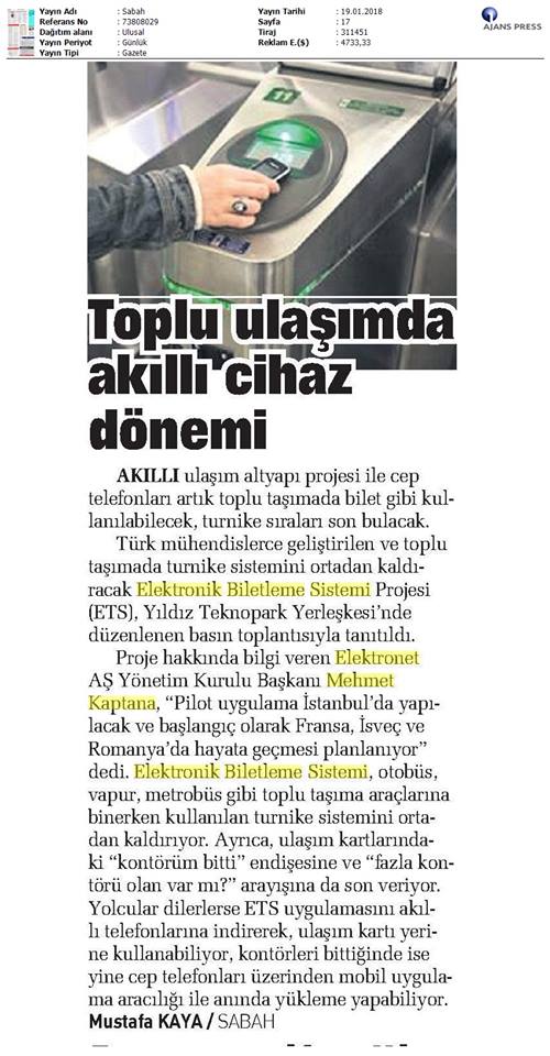 Toplu ulaşımda akıllı cihaz dönemi Sabah Gazetesi, Mustafa Kaya, 19.01.2018