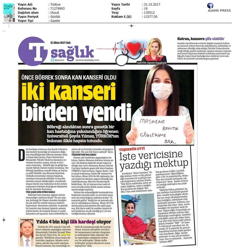İki Kanseri Yendi Türkiye Gazetesi 31.10.2017