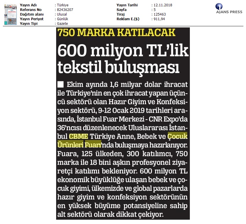 Türkiye 600 Milyon Tl Lik Tekstil Buluşması 2018 11 12