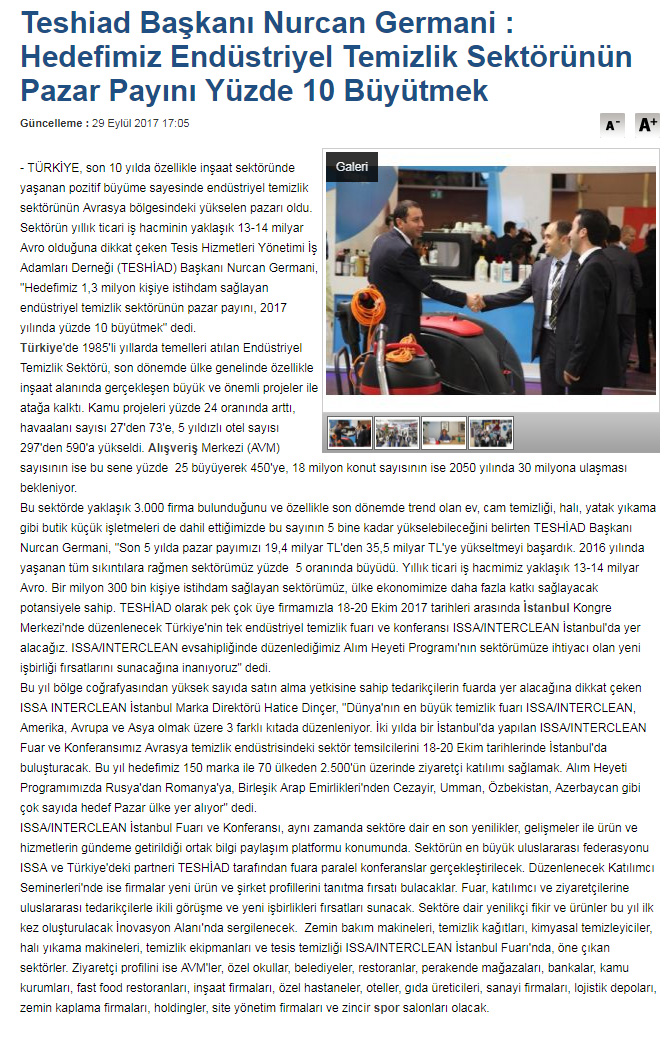 Teshiad Başkanı Nurcan Germani  Hedefimiz Endüstriyel Temizlik Sektörünün Pazar Payını Yüzde 10 Büyütmek Mynet Haber